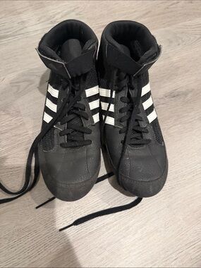 adidas Black High-Top wrestling shoes with White Stripes